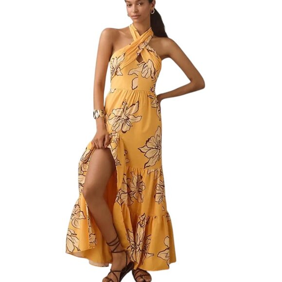 Anthropologie Hutch Floral Halter Maxi Dress Size 8 Slit Front NWT Guest Dress - Picture 2 of 11